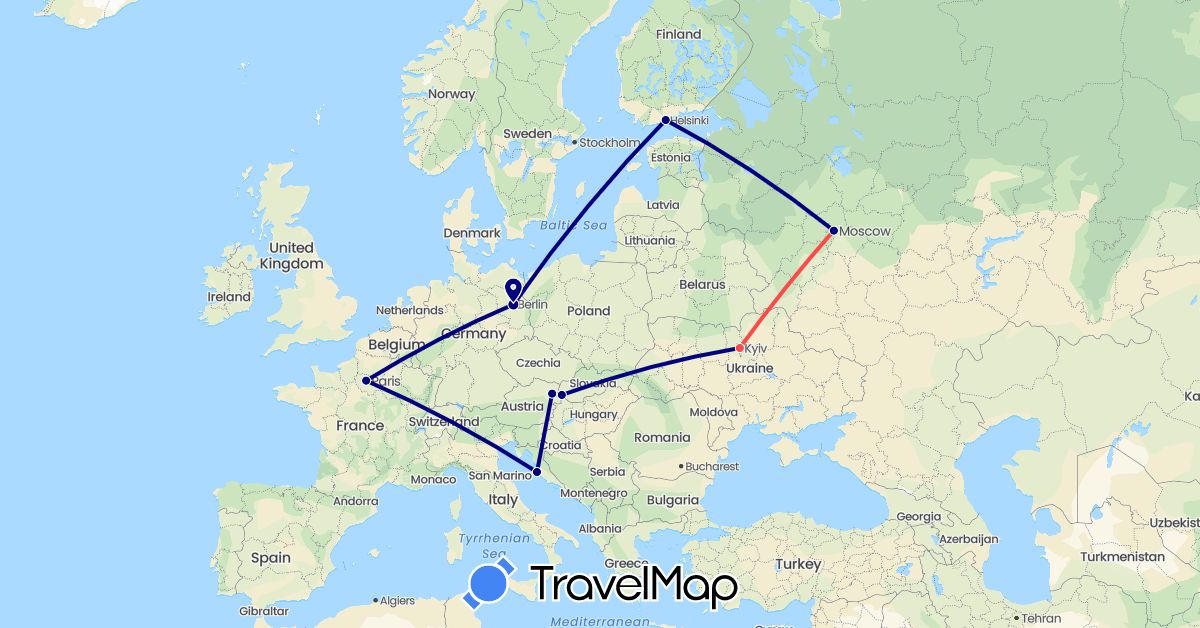 TravelMap itinerary: driving, hiking in Austria, Germany, Finland, France, Croatia, Russia, Slovakia, Ukraine (Europe)